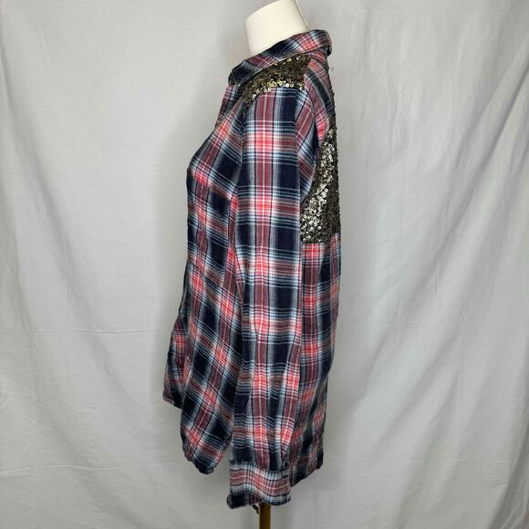 Free People Plaid Shirt Small Sequin Embellished Bohemian Western Mixed Media - Picture 3 of 14